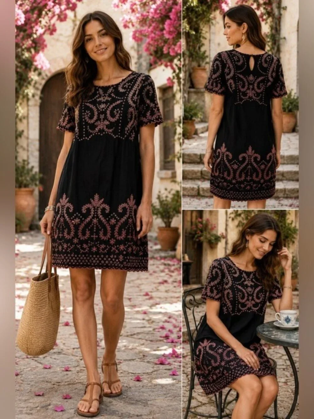Sundance Black Pink Embroidered  Dress Sz 4 Boho Romantic Cottagecore Fairycore